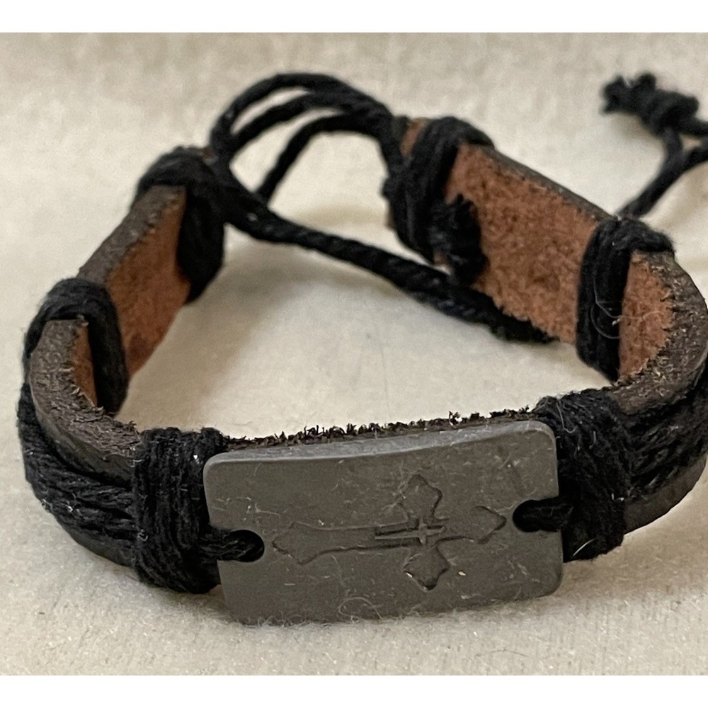 Men's Women's Leather Bracelet Cuff Bangle Adjustable With Plastic Cross